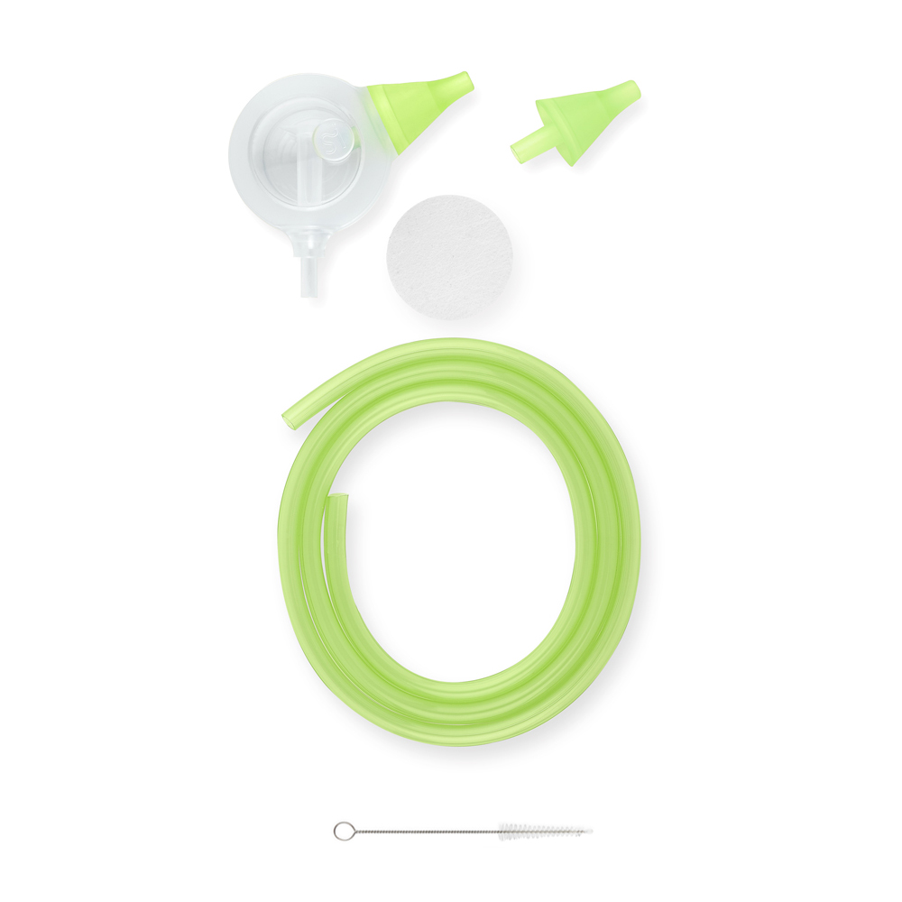 The elements of the Nosiboo Pro Accessory Set in green colour: Colibri head, green nose tip, air mesh, green connecting tube