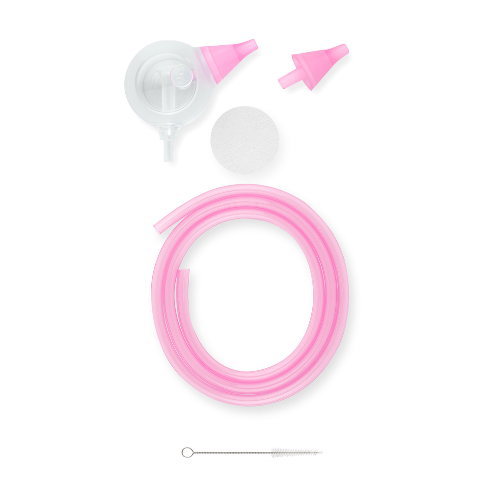 The elements of the Nosiboo Pro Accessory Set in pink colour: Colibri head, pink nose tip, air mesh, pink connecting tube