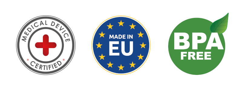Medical device, Made in EU, and BPA-free badges.